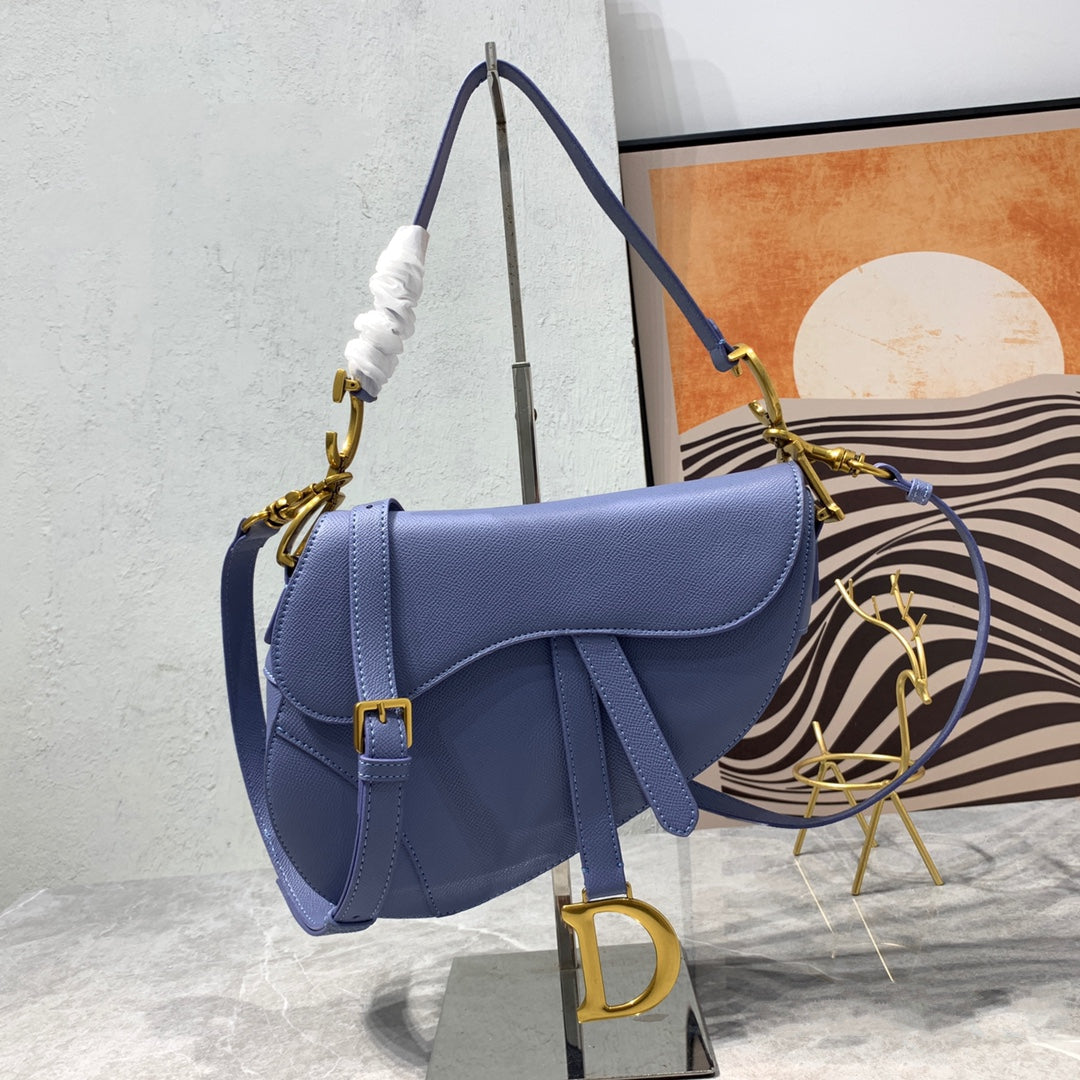 CD Saddle Bag Strap Warm Taupe Grained Blue Calfskin