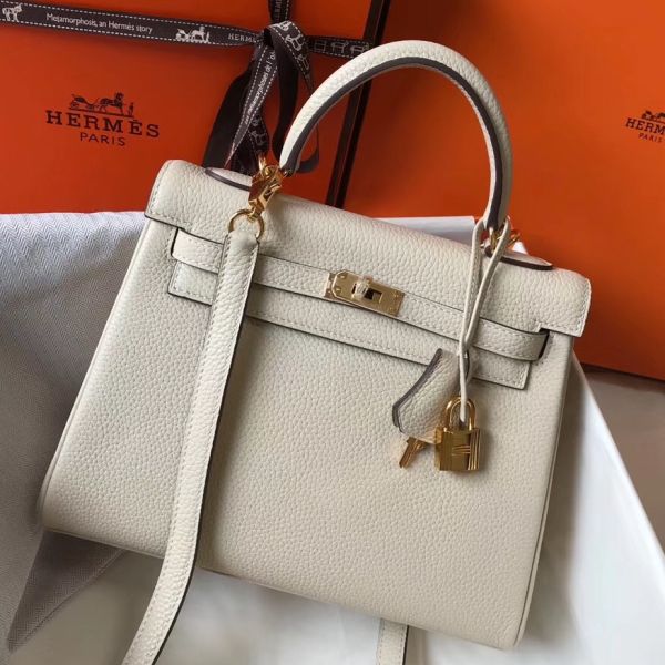 HERM Kelly 25cm Retourne Bag In Craie Clemence Leather