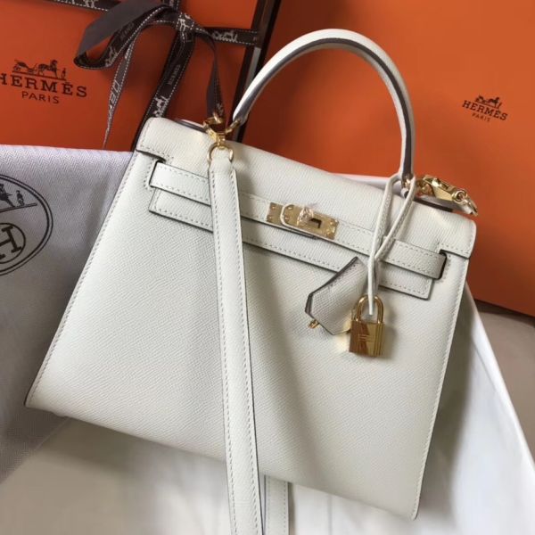 HERM Kelly 25cm Sellier Bag In White Epsom Leather