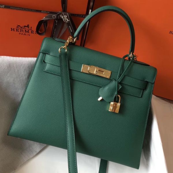 HERM Kelly 28cm Bag In Vert Vertigo Epsom Leather GHW