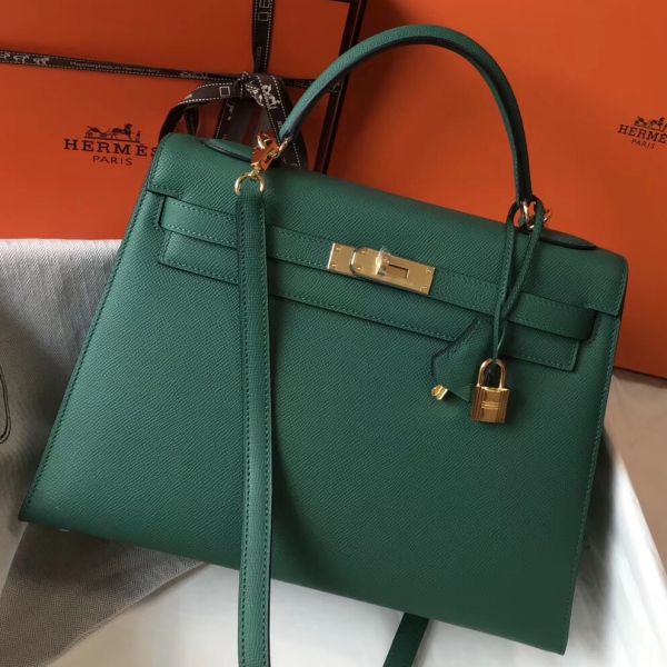 HERM Kelly 32cm Bag In Vert Vertigo Epsom Leather GHW
