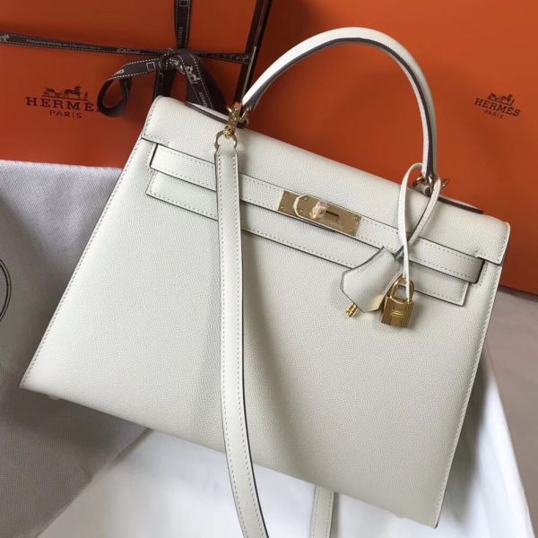 HERM Kelly 32cm Bag In White Epsom Leather GHW