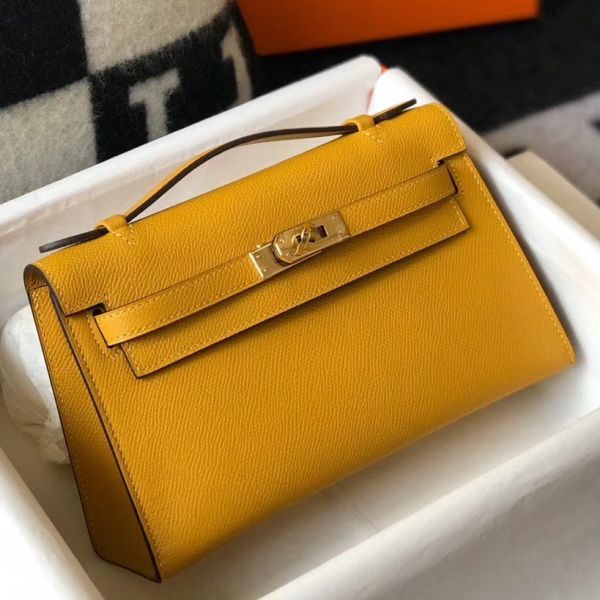 HERM Kelly Pochette Bag In Yellow Epsom Leather