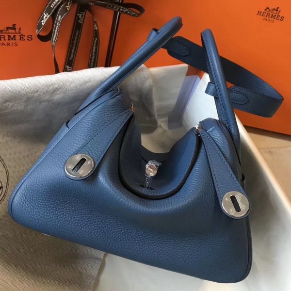 HERM Lindy 26cm Bag In Blue Agate Clemence Leather PHW