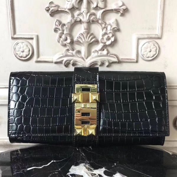 HERM Medor Clutch Bag In Black Crocodile Leather