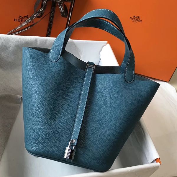 HERM Picotin Lock 18 Bag In Blue Jean Clemence Leather