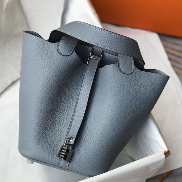 HERM Picotin Lock 18 Bag In Blue Lin Clemence Leather