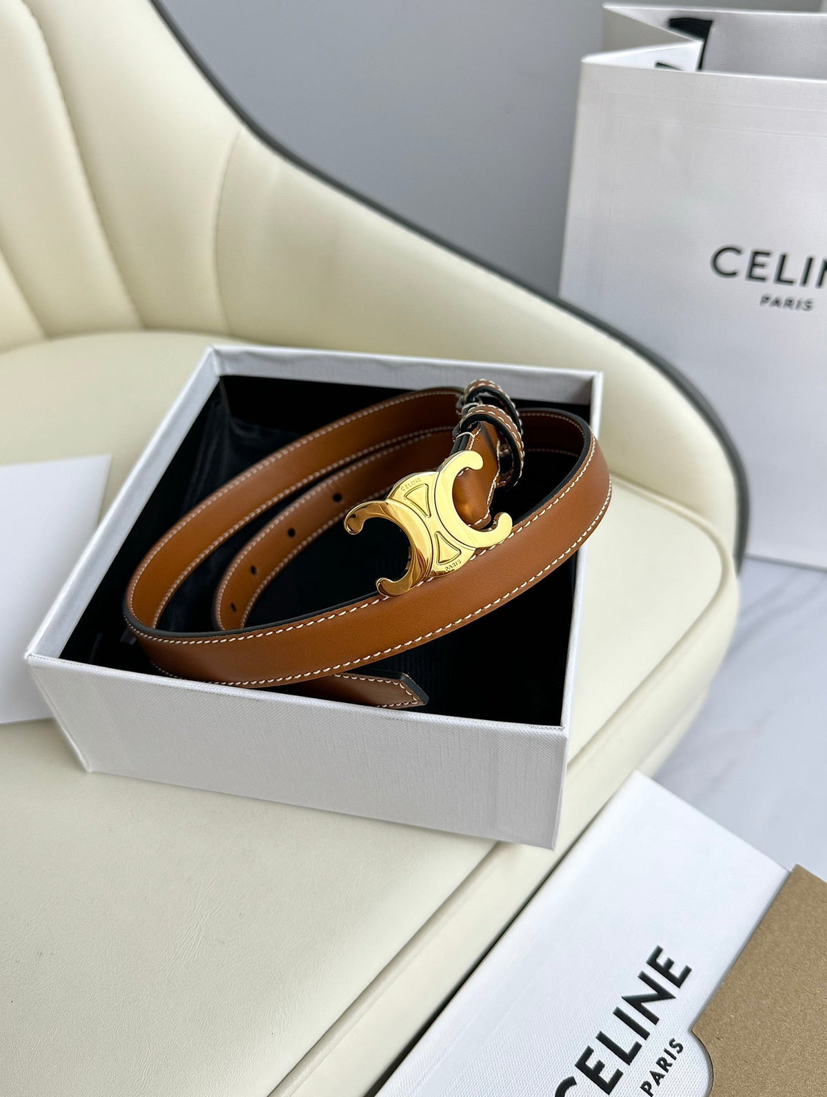 SMALL TRIOMPHE BELT 18 MM BRONZE BROWN LEATHER GOLD HARDWARE