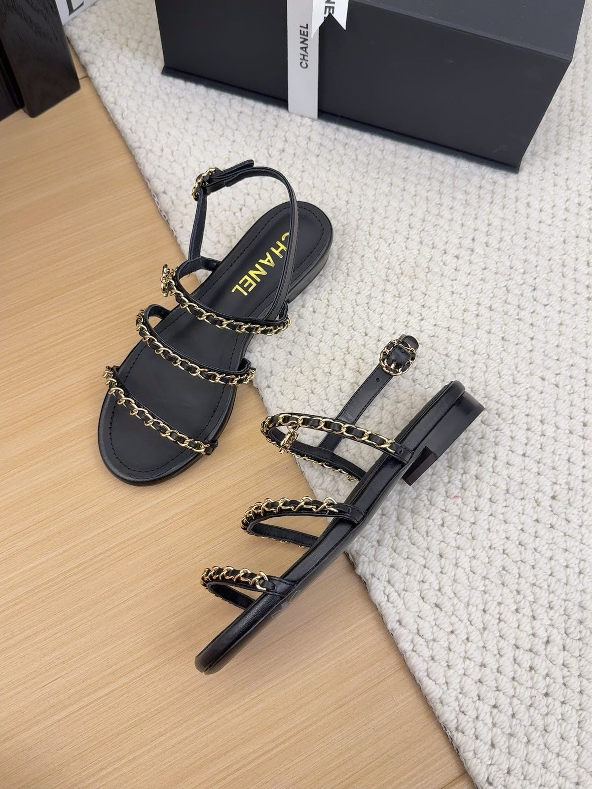 THREE-STRAPS SANDALS IN BLACK CALFSKIN WITH GOLD HARDWARE