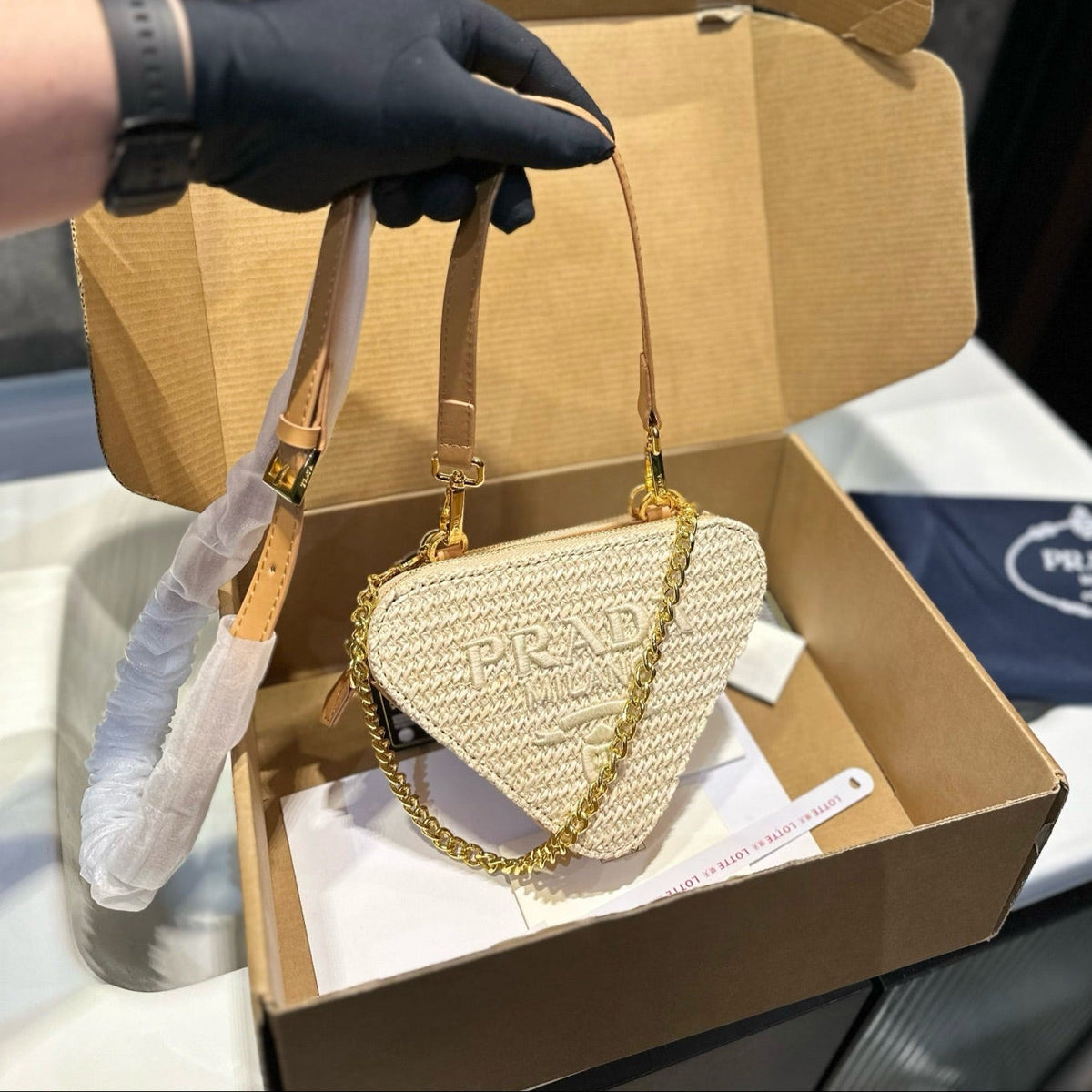 EMBROIDED LOGO TRIANGLE BAG 18 IN BEIGE WOVEN RAFFIA GOLD CHAIN
