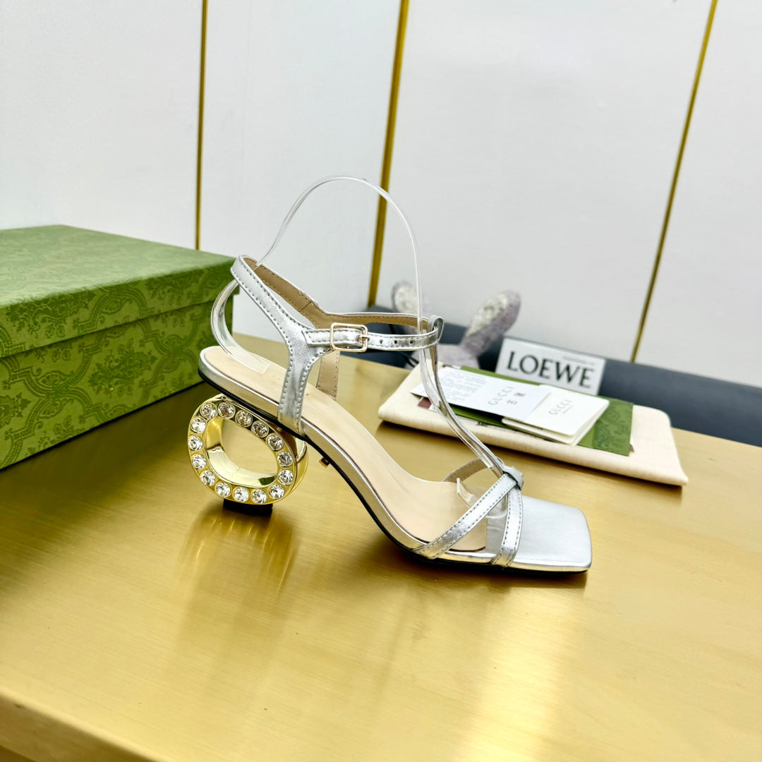 MEDIUM-HEEL SANDAL IN SILVER CALFSKIN GOLD HARDWARE WITH RHINSTONES