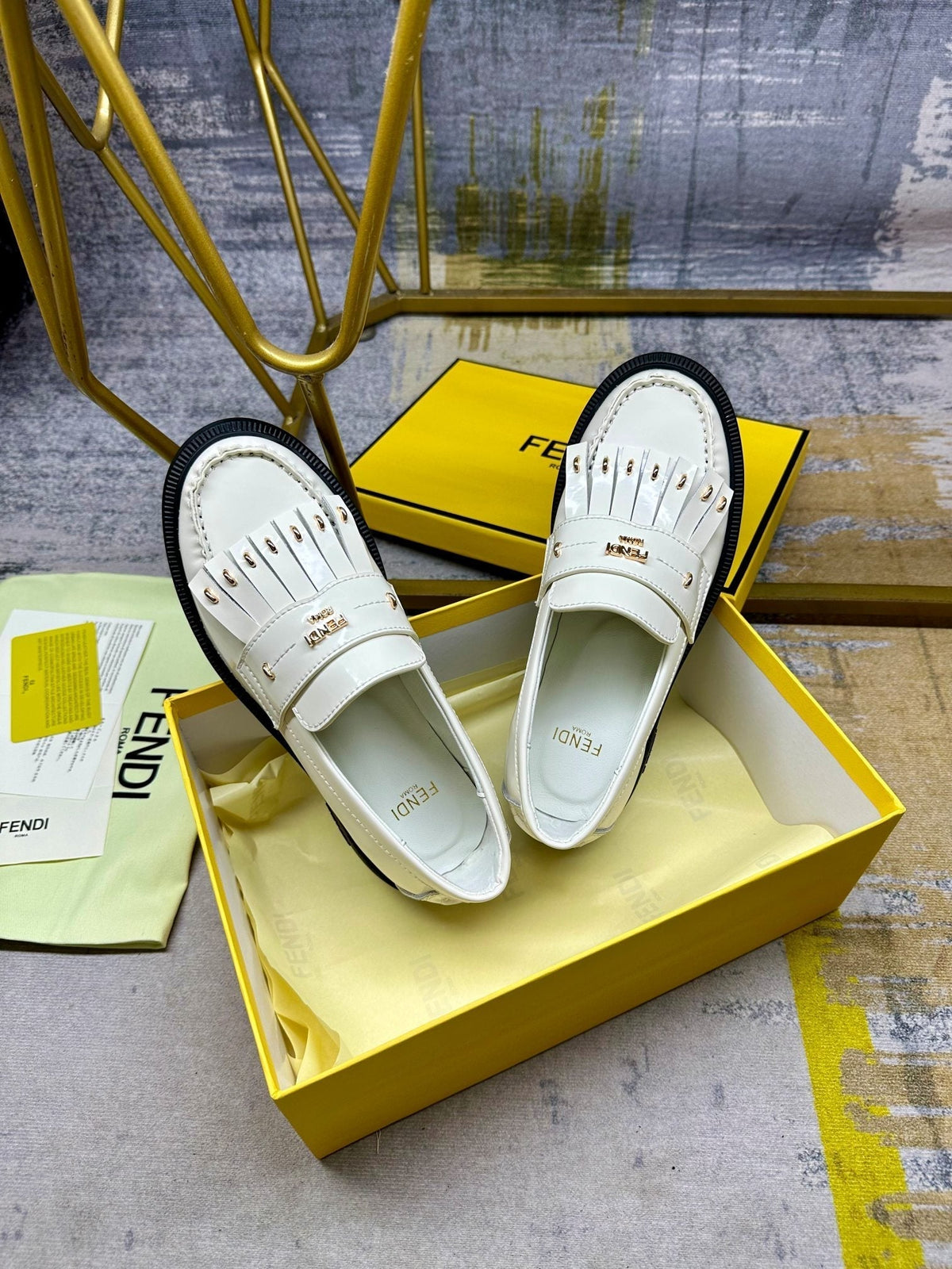 FENDI BAGUETTE LOAFERS IN WHITE CALFSKIN WITH GOLD HARDWARE