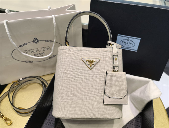 prada panier mini saffiano leather bucket bag white