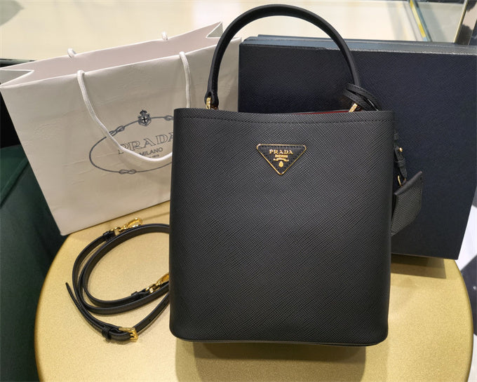 prada panier mini saffiano leather bucket bag black