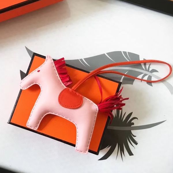 HERM Rodeo Horse Bag Charm In Light Pink/Orange/Red Leather