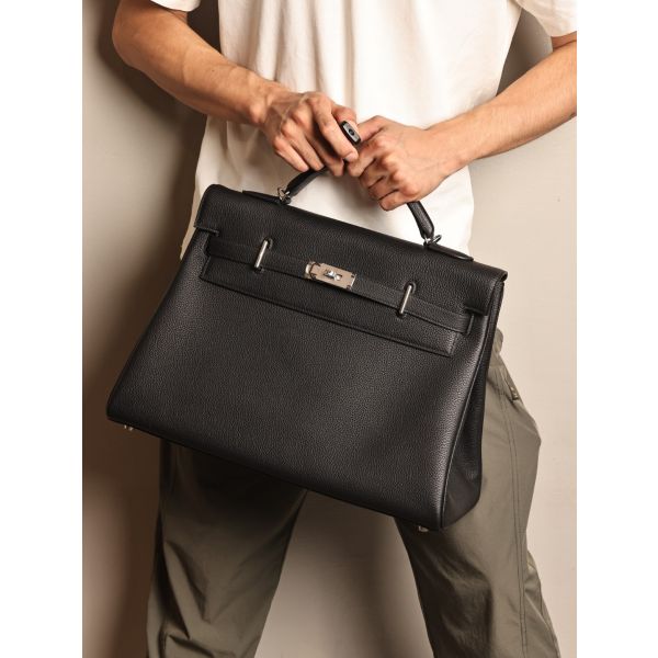 HERM Kelly 42 Maxi Handmade Bag in Black Clemence Leather