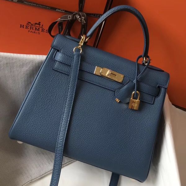 HERM Kelly 28cm Bag In Blue Agate Clemence Leather GHW