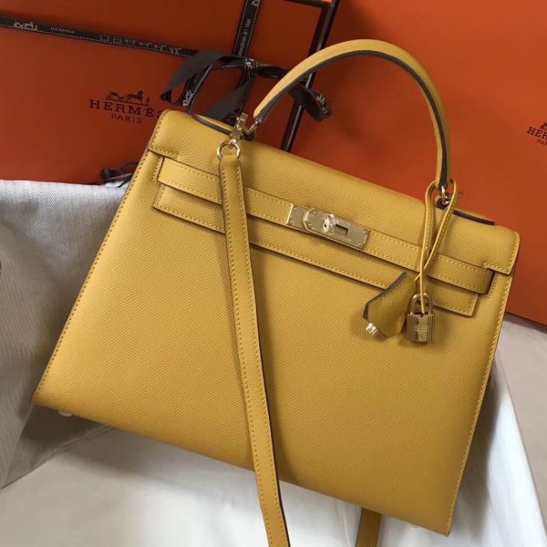 HERM Kelly 32cm Bag In Yellow Epsom Leather GHW