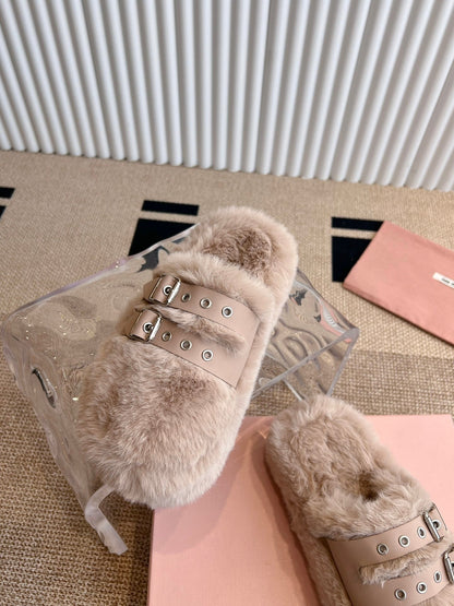 MULES IN BEIGE RABBIT FUR SILVER HARDWARE