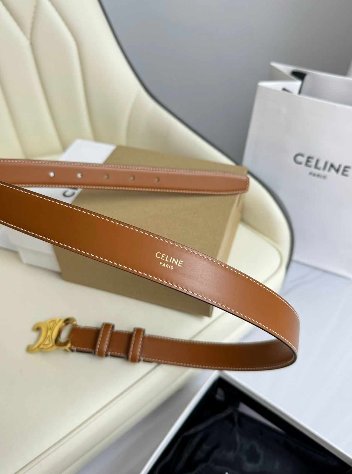 MEDIUM TRIOMPHE BELT 25MM BRONZE BROWN LEATHER GOLD HARDWARE