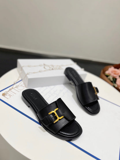 MARCIE SLIDE IN BLACK CALFSKIN WITH GOLD HARDWARE