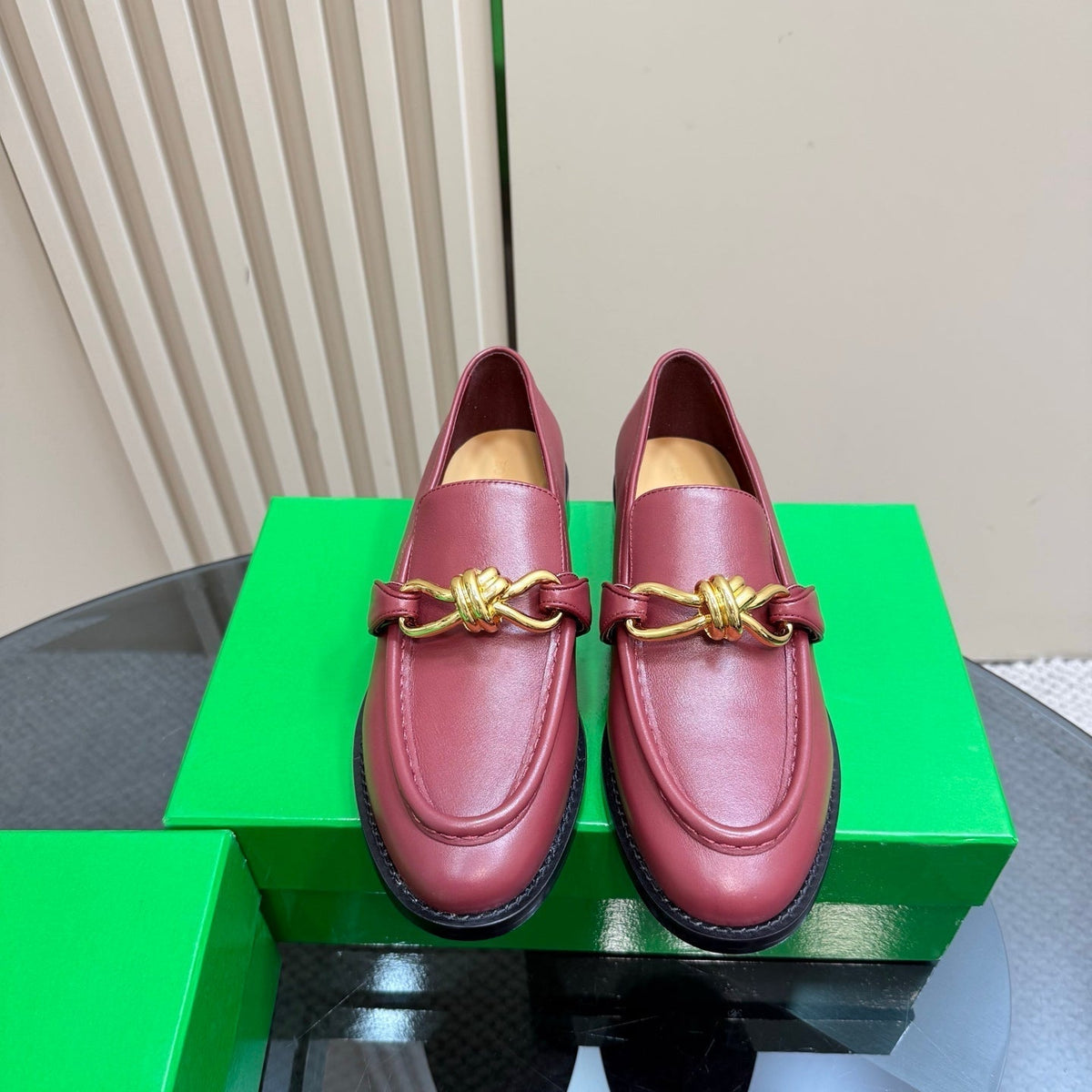 ASTAIRE LOAFER IN BERRY RED CALFSKIN WITH GOLD HARDWARE